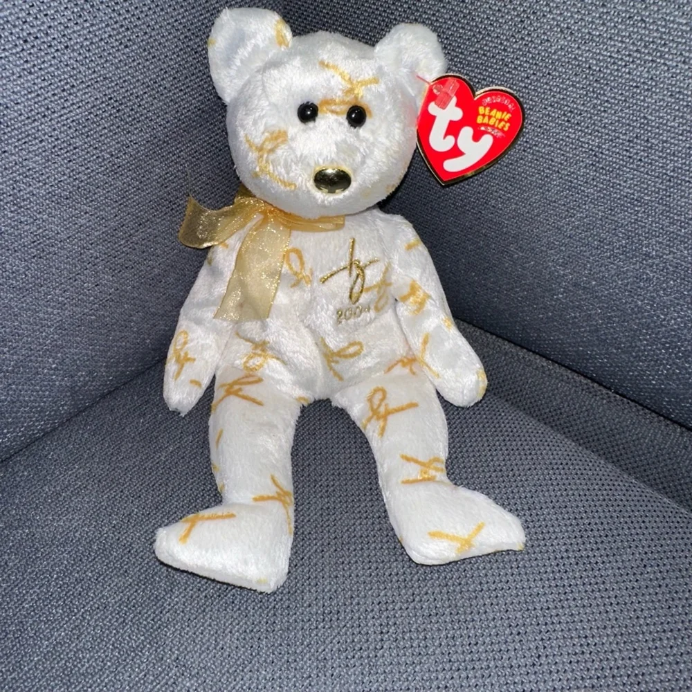 NWT! Ty Beanie Baby 2004 Signature Bear Original Gold & White P.E. Pellets